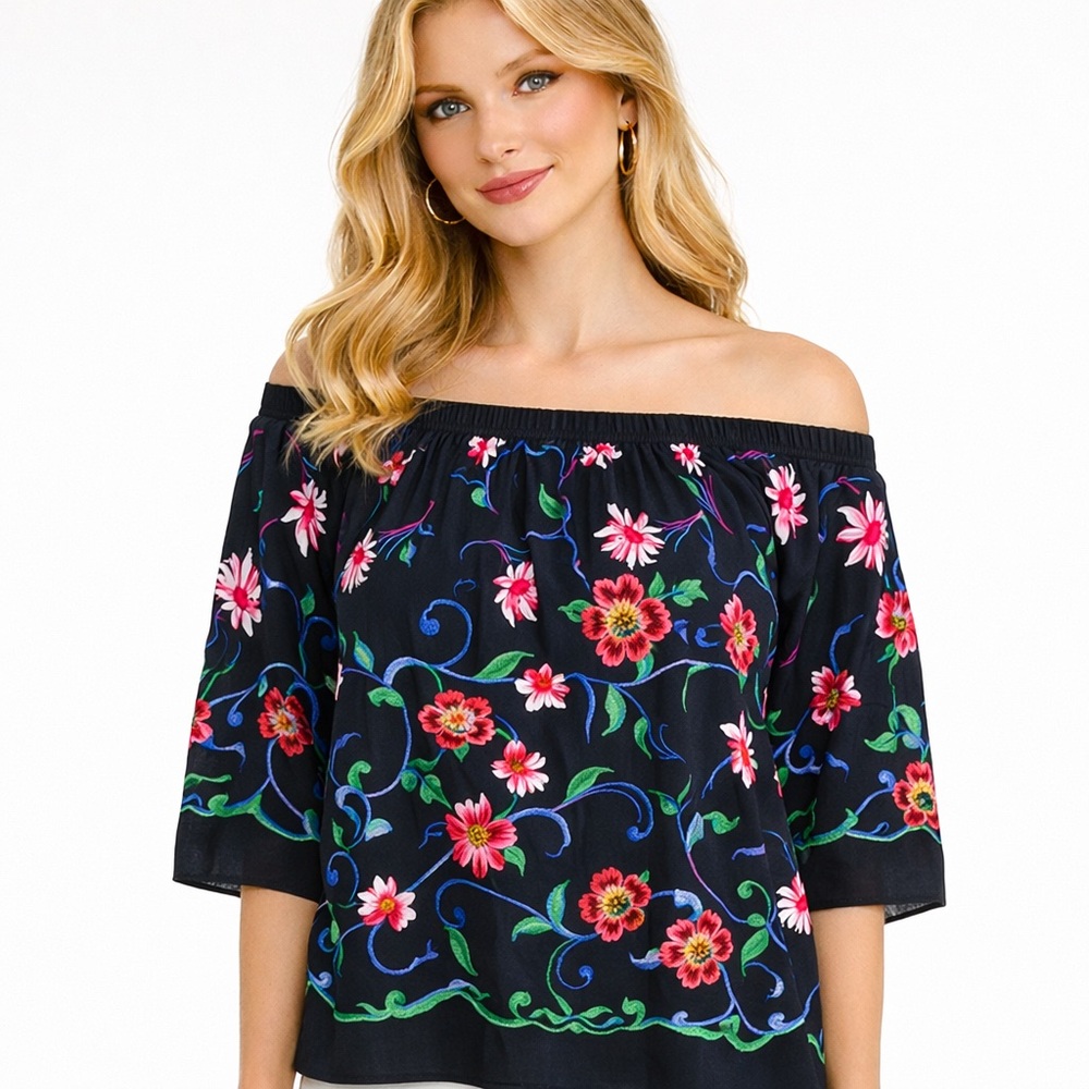 Karen‎ Kane Embroidered Off Shoulder Blouse XL | Dark Floral Boho Top